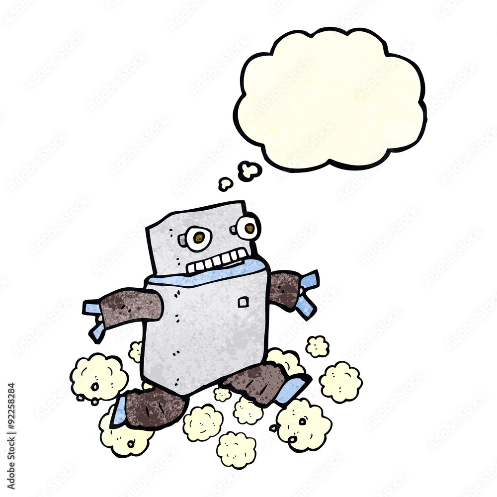 cartoon running robot with thought bubble