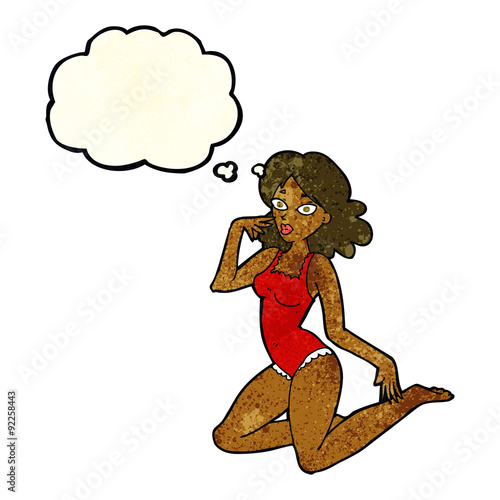 cartoon woman in lingerie with thought bubble