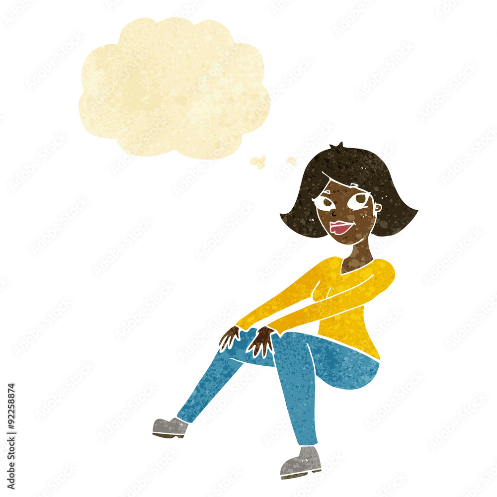 cartoon happy woman sitting with thought bubble cartoon happy woman sitting with thought bubble