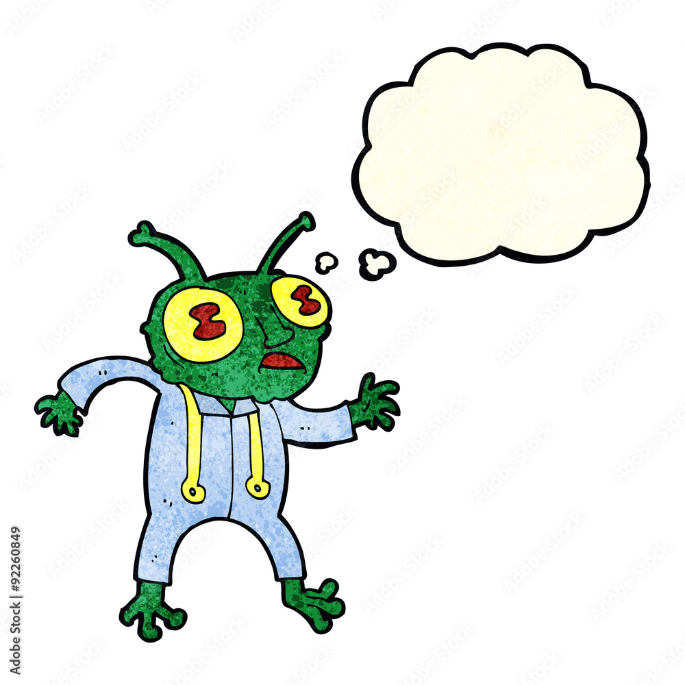 Obraz premium cartoon alien spaceman with thought bubble