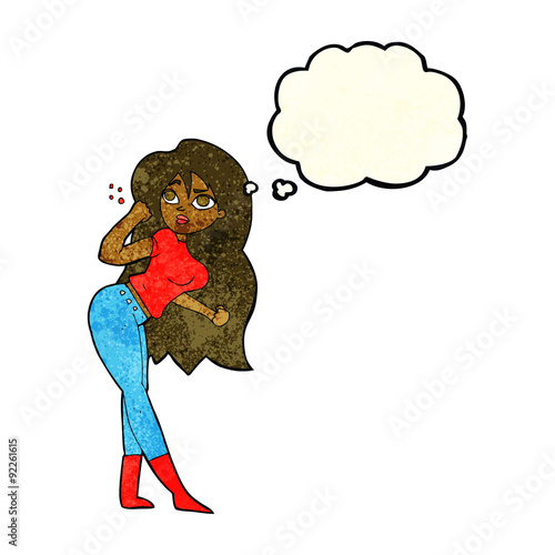 cartoon woman raising fist with thought bubble