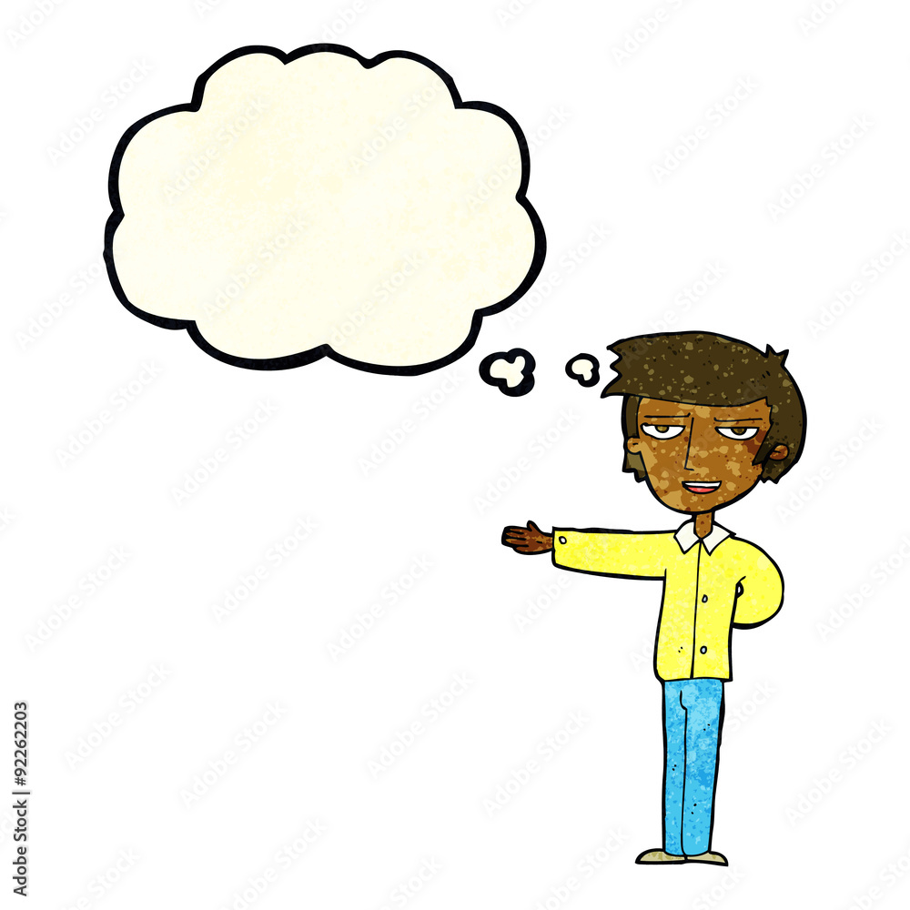 cartoon man gesturing welcome with thought bubble cartoon man gesturing welcome with thought bubble