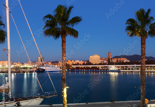 View of Malaga  from Port in  twilight