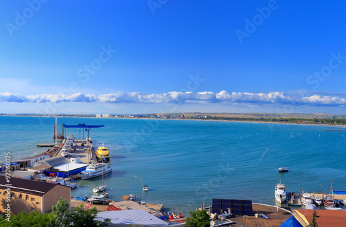 Sea bay with pier yachts landscape summer blue sky