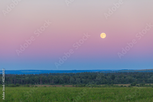 Moon over the field and forest summer night landsape