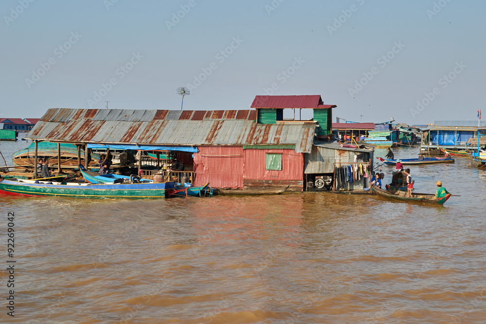 Fishermen living on the shores of lake Tonle SAP Cambodia in wooden shacks
