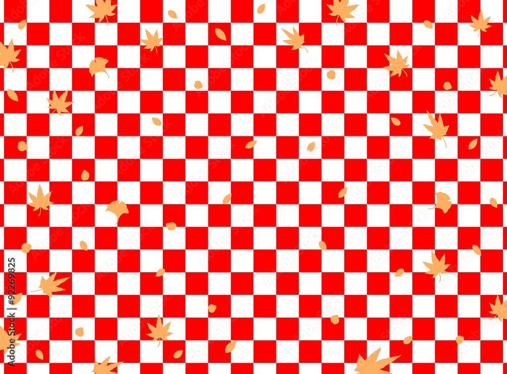 Fototapeta premium 紅葉フレーム 紅白市松背景 