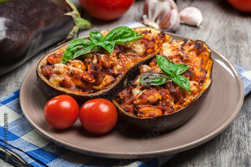 Baked eggplant with pieces of chicken