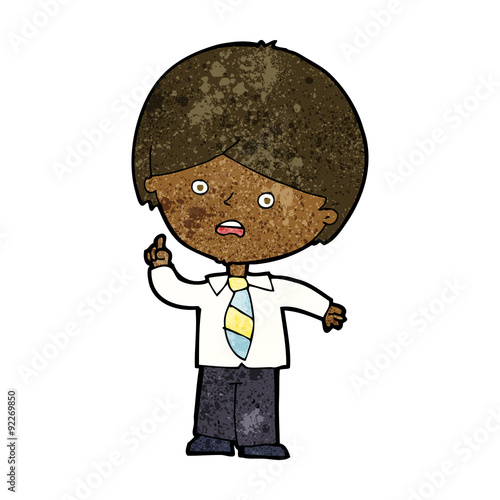 cartoon worried school boy raising hand