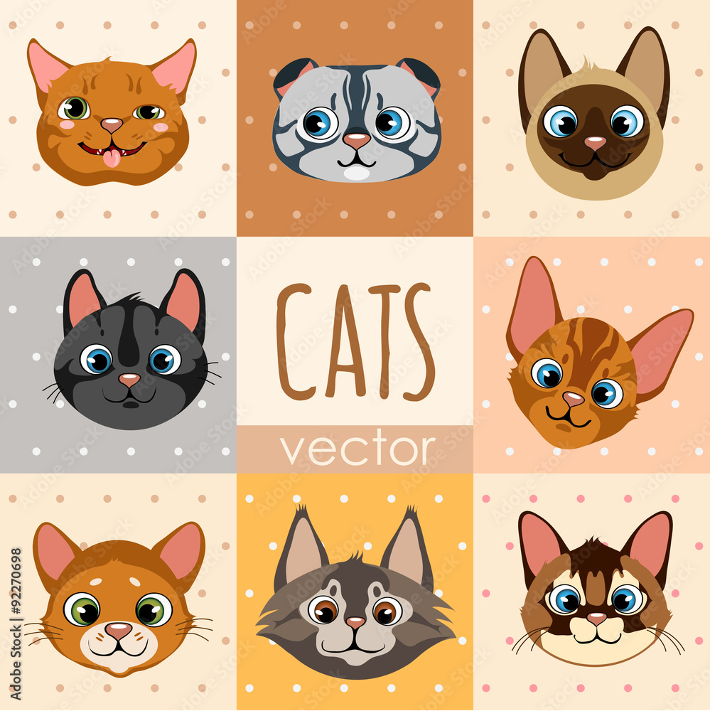 A set of eight colorful cartoon cat faces