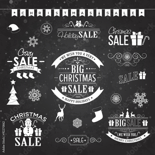 Christmas sale design set - labels, emblems on black board