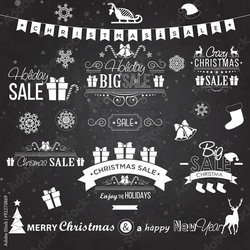 Christmas sale design set - labels, emblems on black board
