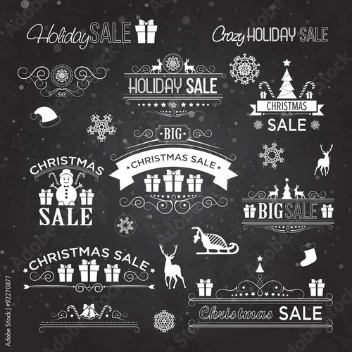 Christmas sale design set - labels, emblems on black board
