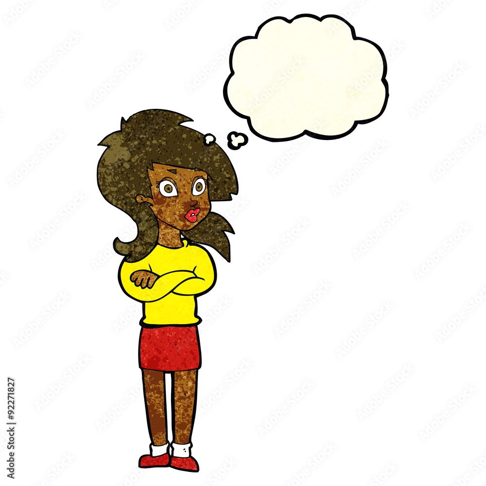 cartoon woman with folded arms with thought bubble cartoon woman with folded arms with thought bubble