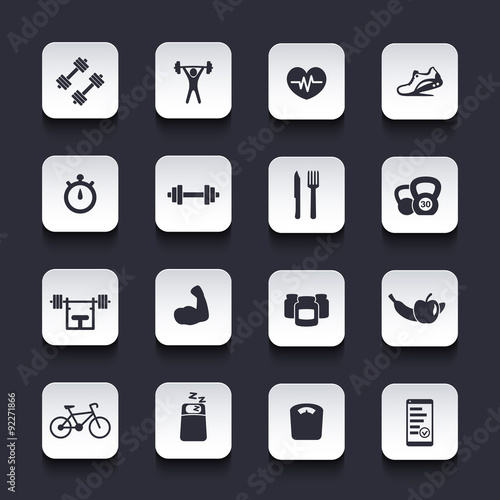 16 fitness, gym, sport, workout, healthy living rounded square icons pack, vector illustration