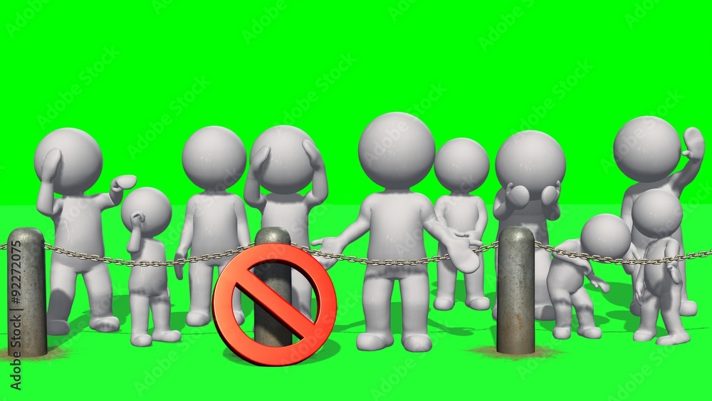 3D Peoples behind chains blockade and stop sign - green screen 3D Peoples behind chains blockade and stop sign - green screen