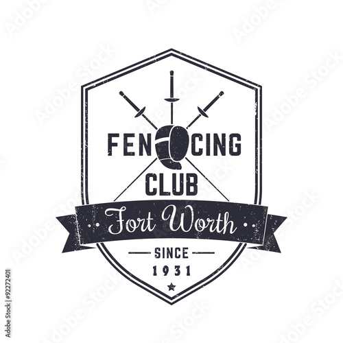 Fencing Club Vintage Emblem, logo on shield, with grunge, vector illustration