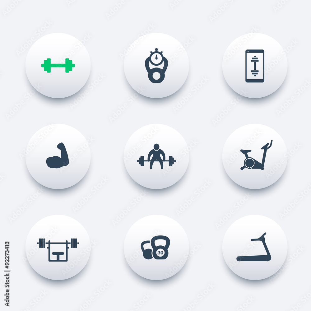 Gym, fitness, workout, training, biceps round icons pack, vector illustration
