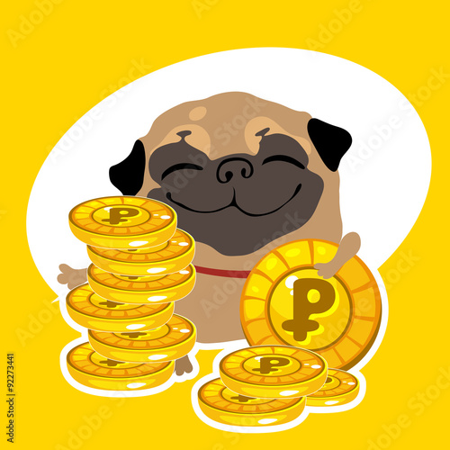 Joyful rich dog pug with gold coins