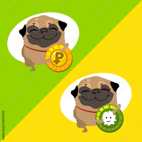 Tow happy dog pug with coins 