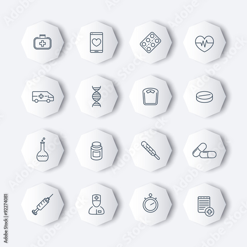 medicine, health care, pharmaceutics line octagon icons pack, vector illustration