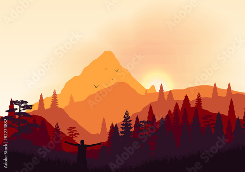 Golden Sunset Panorama of Mountain Ridges and Pine Forest - Vector Illustration