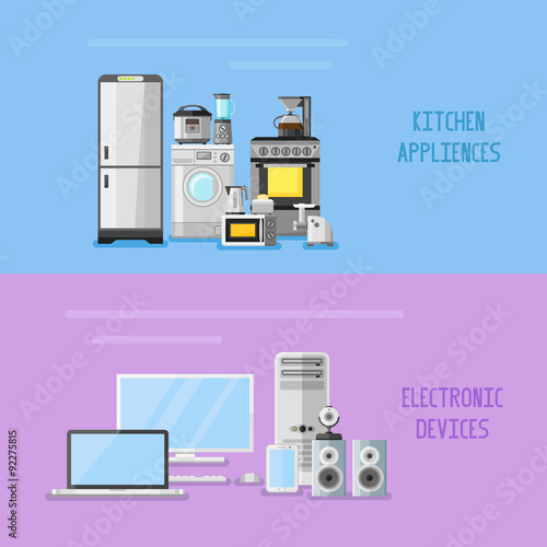 Kitchen appliances and electronic devices horizontal banners. Flat style vector illustration.