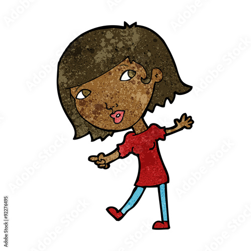 cartoon happy girl gesturing to follow
