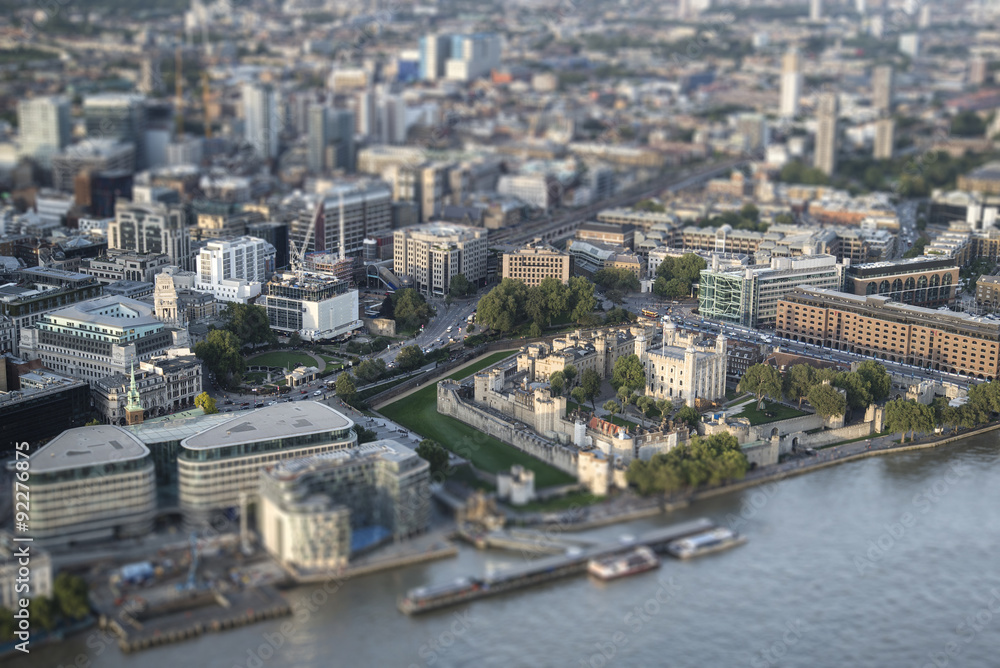 Aerial view of London with with tilt shift model village effect