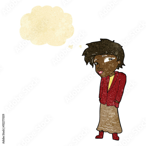 cartoon woman with hands in pockets with thought bubble