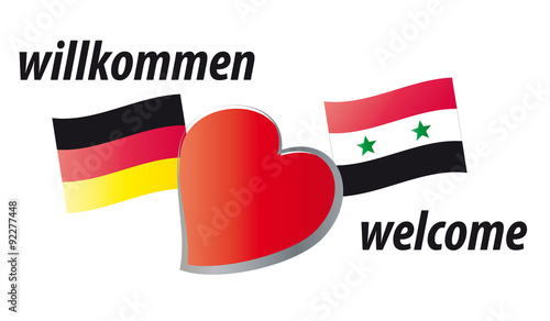 Willkommen, welcome in Deutschland - deutsche und syrische Flaggen mit einem Herz verbunden, Spenden, Spendenaufruf, Danken 
