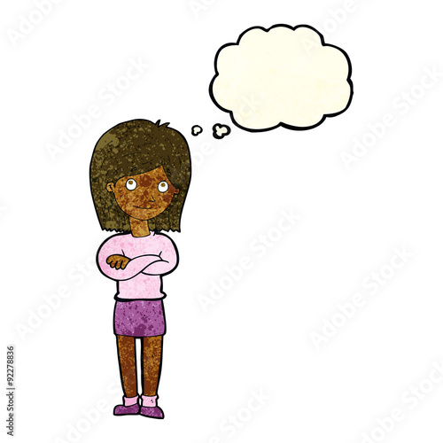 cartoon friendly girl rolling eyes with thought bubble