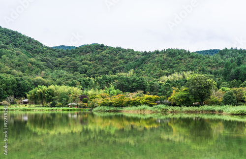 京都 色付き始めた広沢池の紅葉