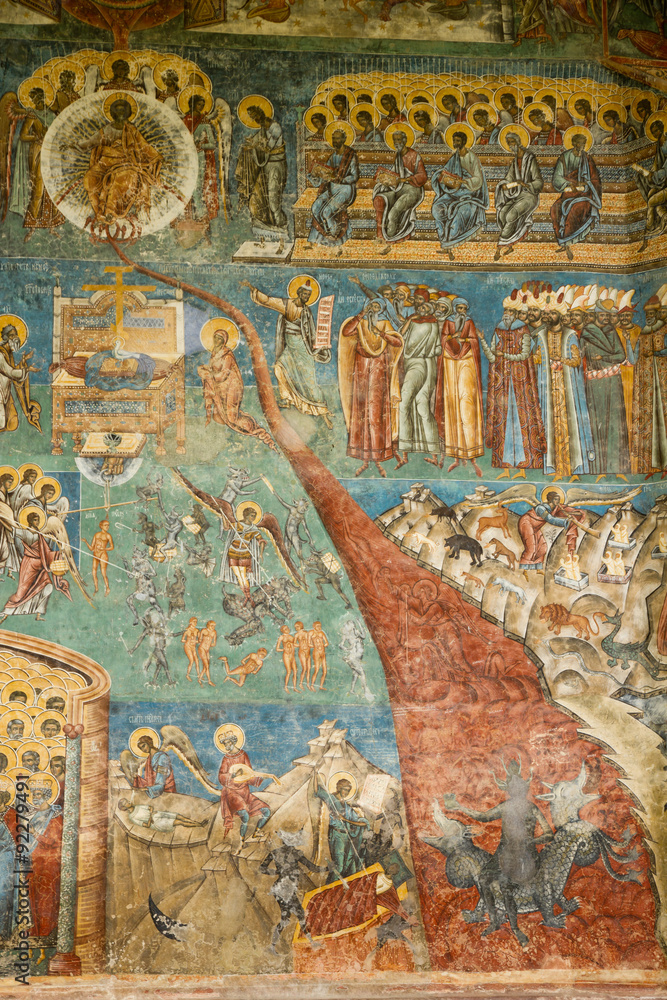 The Monastery Voronet. Details of painted exterior walls.