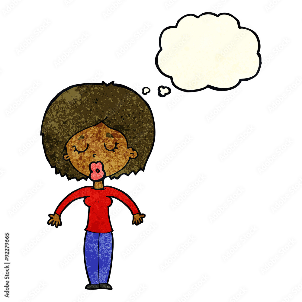 cartoon woman with closed eyes with thought bubble cartoon woman with closed eyes with thought bubble