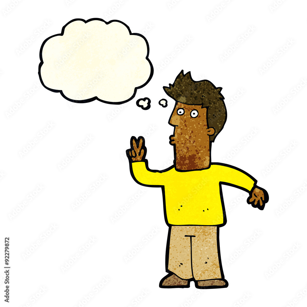 cartoon man giving peace sign with thought bubble cartoon man giving peace sign with thought bubble