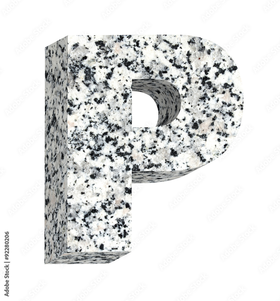 One letter from granite alphabet set isolated over white. Computer generated 3D photo rendering.