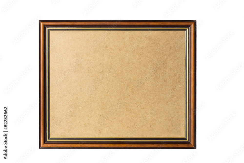 Fototapeta premium brown with gold inline Wooden frame cornice with backing board cutout on white background