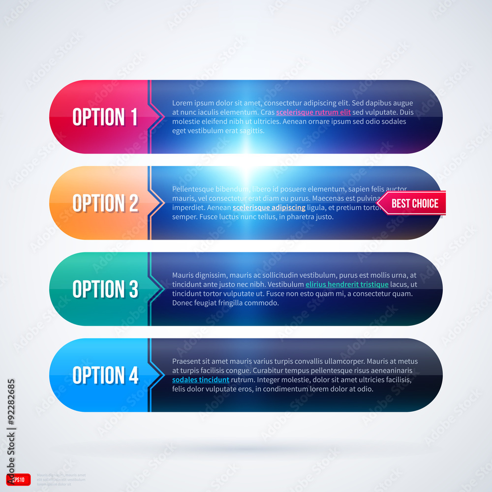 Four horizontal options with glowing lights on white background. EPS10 Four horizontal options with glowing lights on white background. EPS10