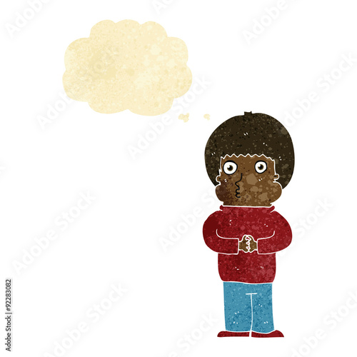 cartoon shy boy with thought bubble