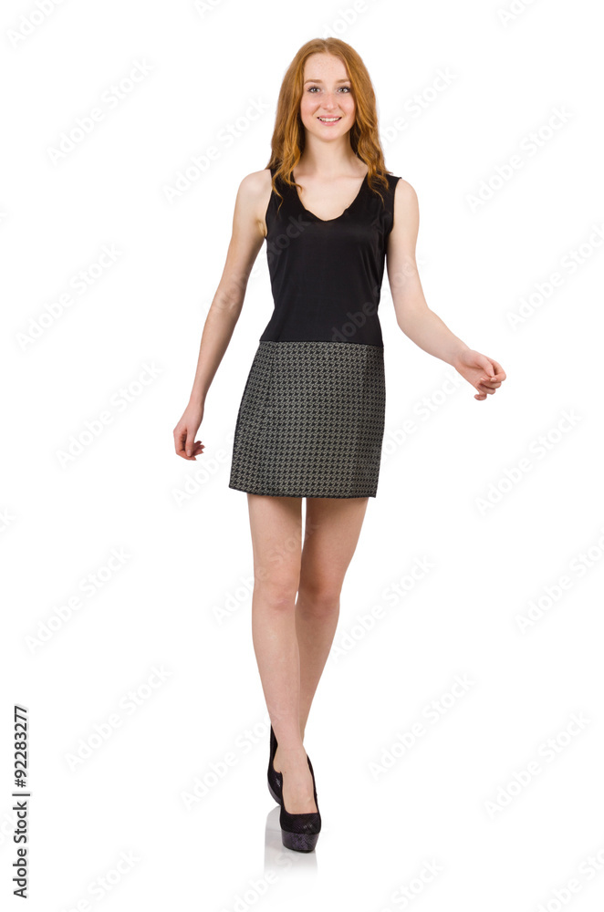 Red hair girl in gray dress isolated on white Red hair girl in gray dress isolated on white