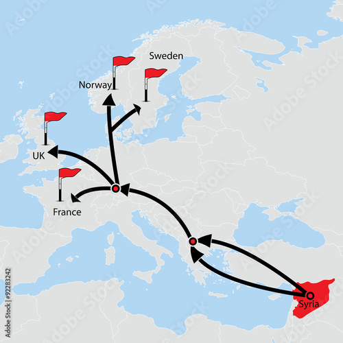 Migrant route from Syria. Destinations on vector map