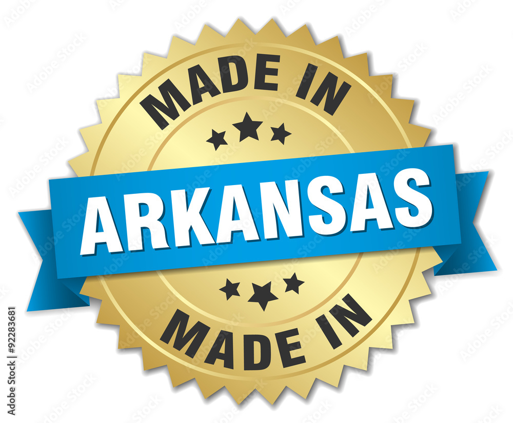 made in Arkansas gold badge with blue ribbon