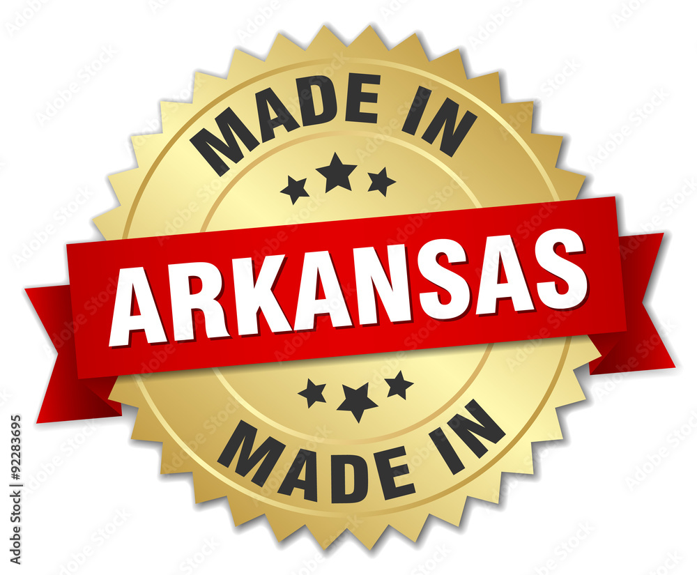 made in Arkansas gold badge with red ribbon