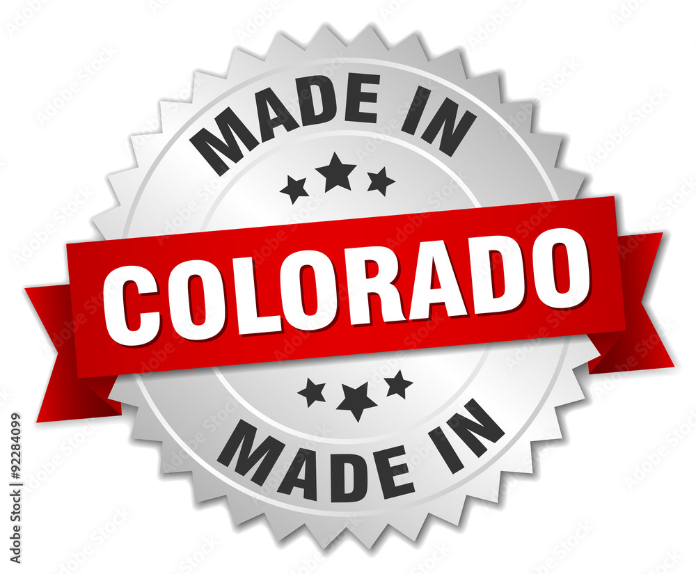 made in Colorado silver badge with red ribbon made in Colorado silver badge with red ribbon