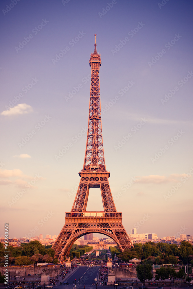 View on Eiffel Tower at sunset, Paris, France