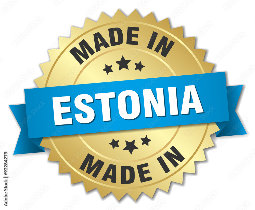 made in Estonia gold badge with blue ribbon