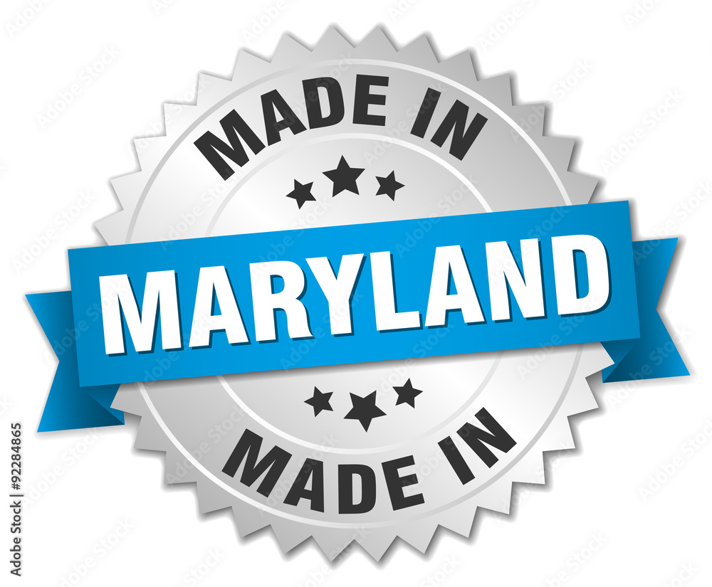 made in Maryland silver badge with blue ribbon made in Maryland silver badge with blue ribbon