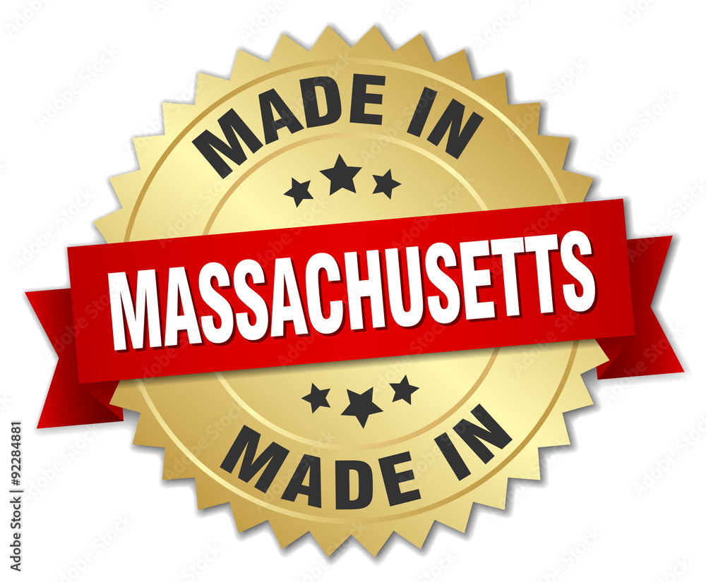 made in Massachusetts gold badge with red ribbon made in Massachusetts gold badge with red ribbon