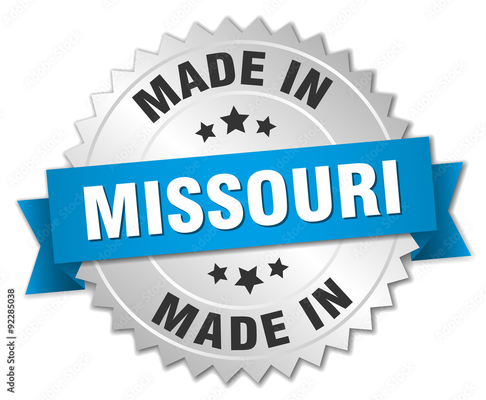 made in Missouri silver badge with blue ribbon made in Missouri silver badge with blue ribbon